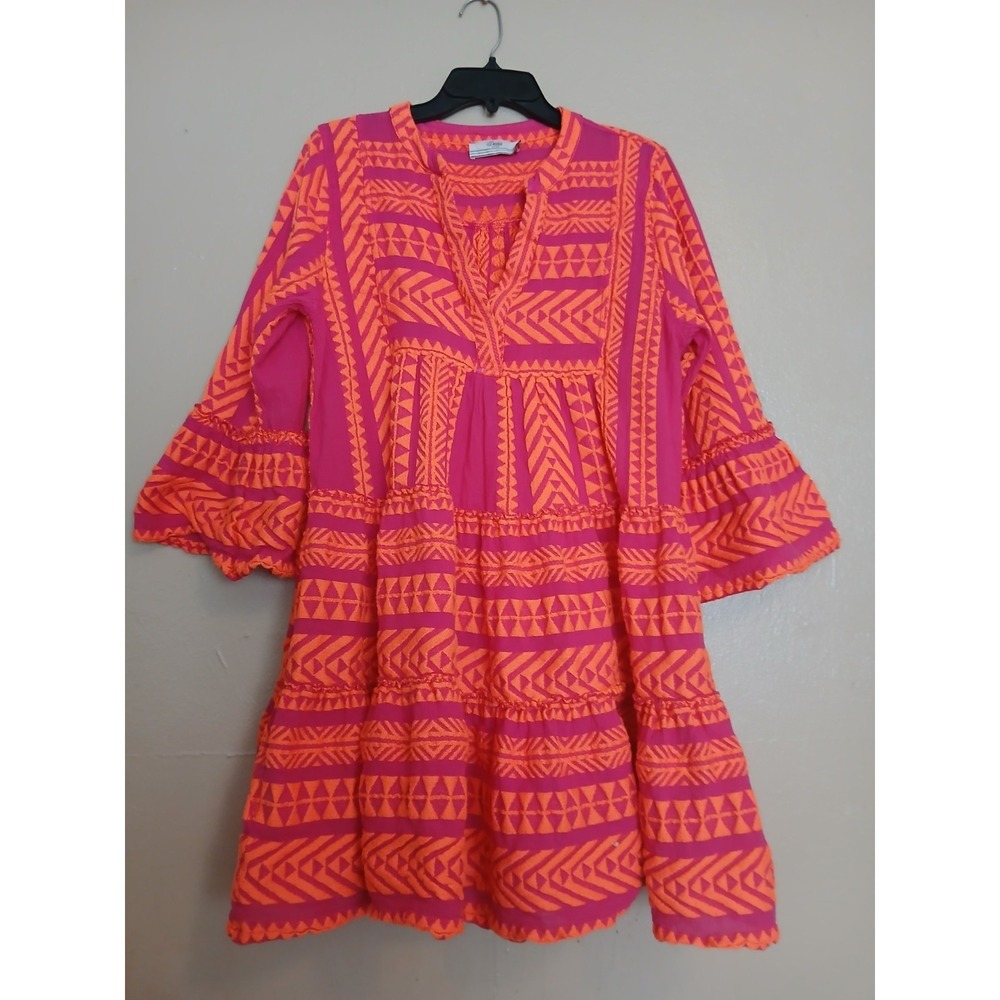 Devotion Twins Ella Dress Medium Neon Cotton Mini Boho Cottage Resort Tiered